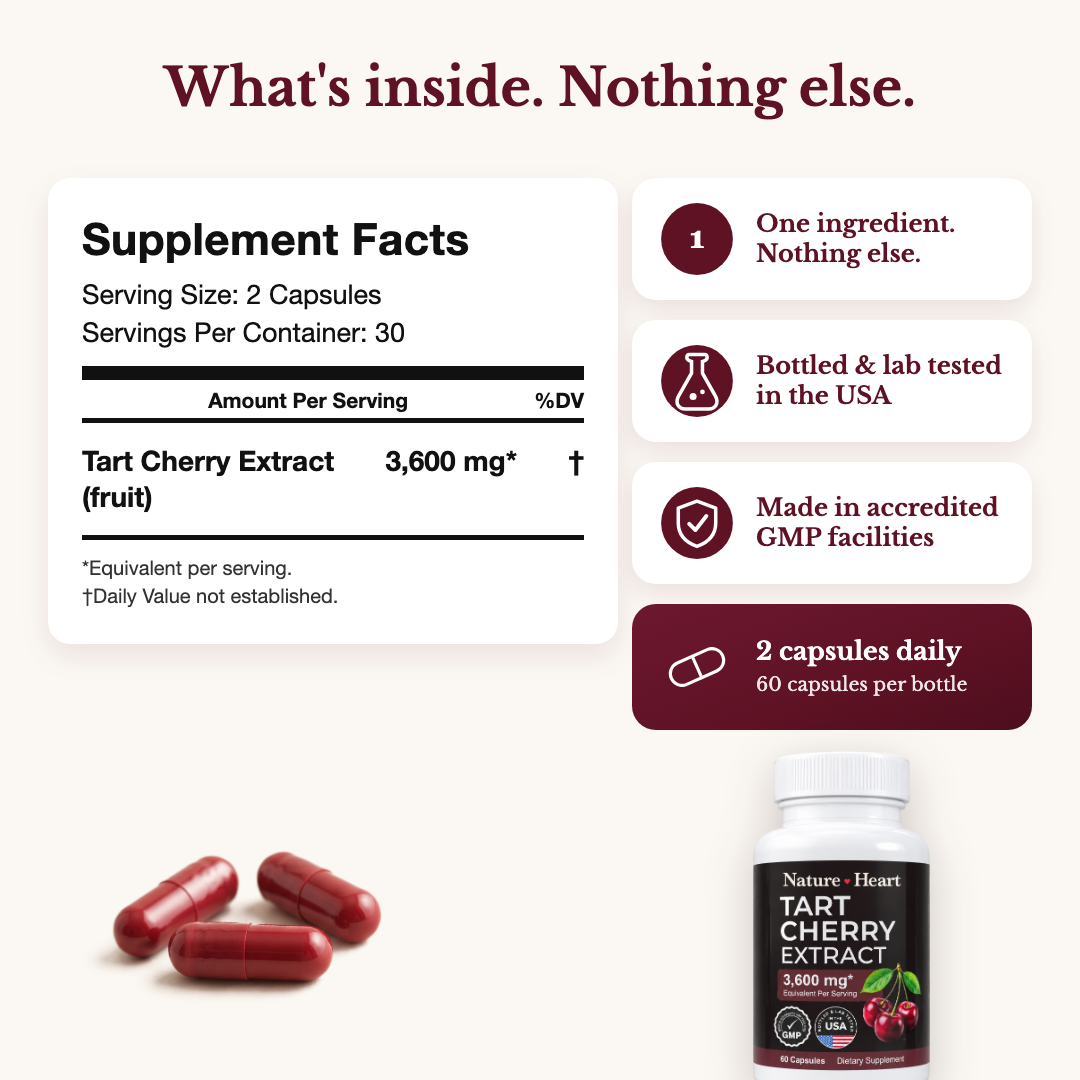 Nature Heart Tart Cherry Extract supplement facts: one ingredient, 3,600 mg equivalent per serving, 60 capsules