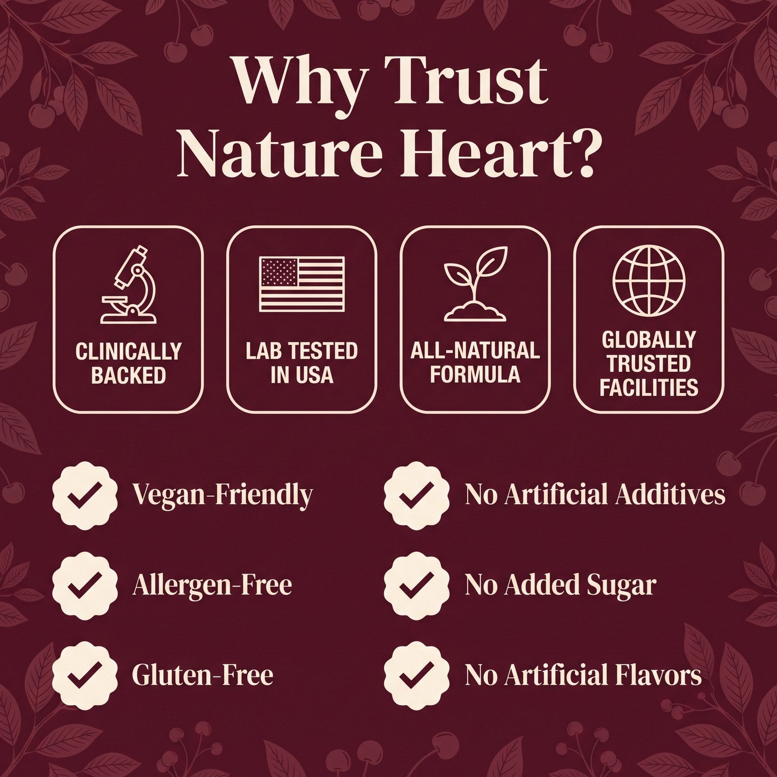 Why Trust Nature Heart? Clinically backed, lab tested in USA, all-natural formula, globally trusted facilities. Vegan-friendly, allergen-free, gluten-free, no artificial additives, no added sugar, no artificial flavors.