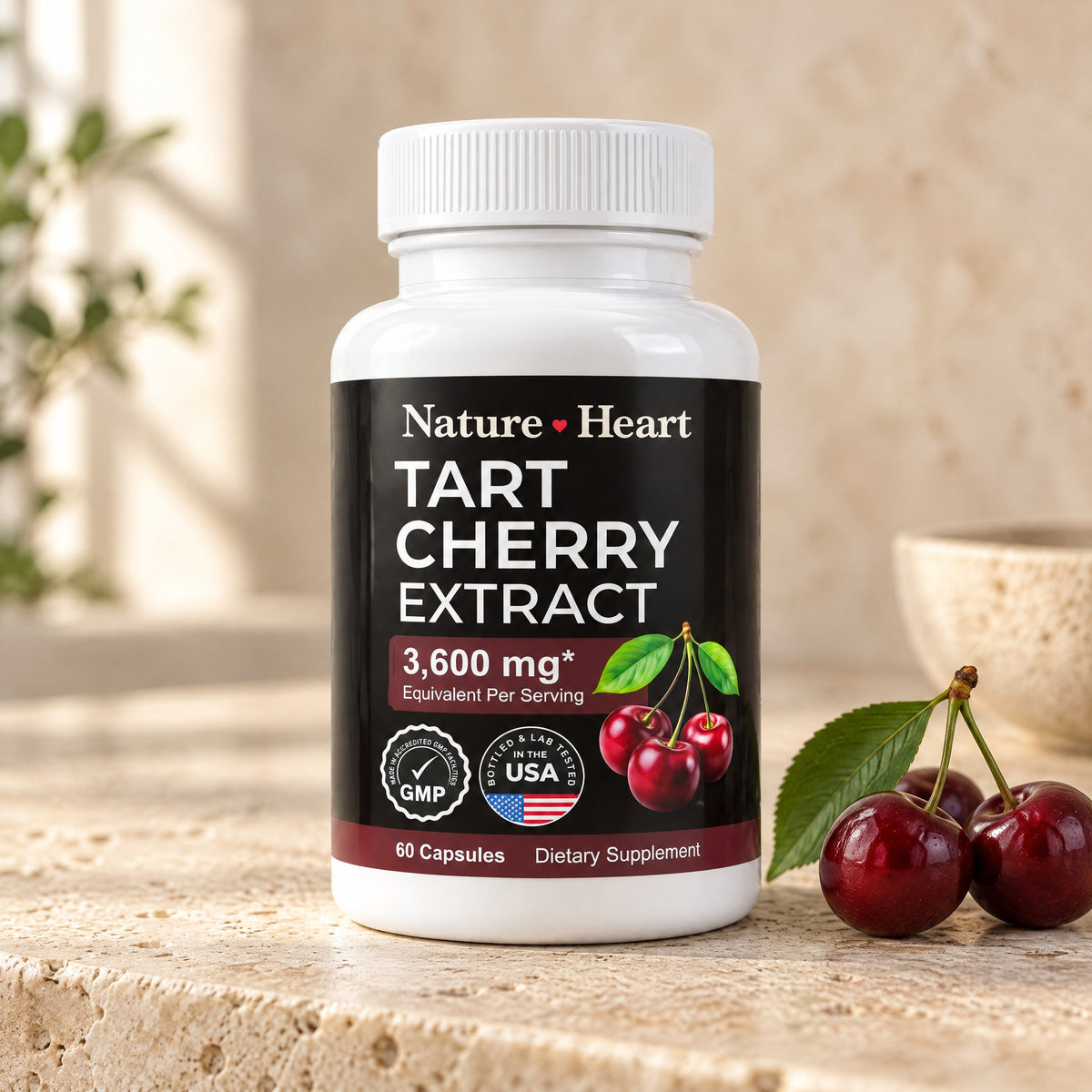 Nature Heart Tart Cherry Extract bottle on a natural stone surface with fresh tart cherries