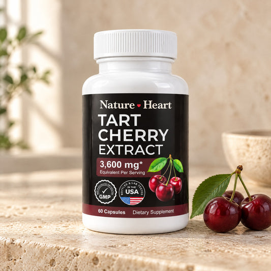 Nature Heart Tart Cherry Extract bottle on a natural stone surface with fresh tart cherries
